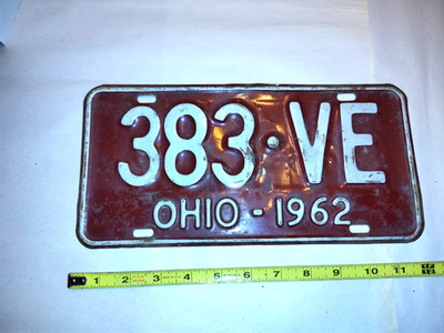 1962 Ohio License Plate 383-VE Original paint, Nice condition as shown