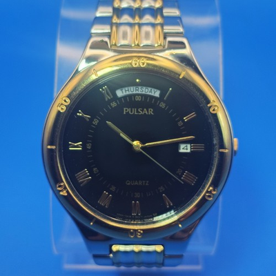 #ad Vintage 1988 Pulsar by Seiko Day Date 35mm Mens Quartz Dress Watch Full Box Set $109.99