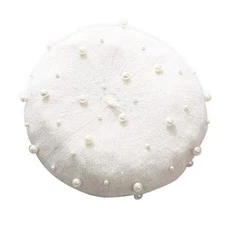 Women Beret Pearl Elegant Sweet Artist French Style Beret Beanie 7-7 1/4 White
