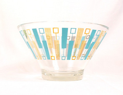 Vintage MCM Chip and Dip Heavy Glass Bowl Anchor Hocking Atomic Turquoise Gold