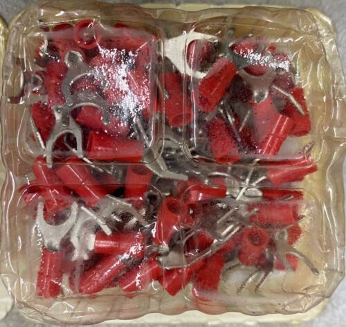 BM 00132,Insulated Fork Lug,0.25-1.5mm2/22-16 AWG, M6/#12 Stud, Red,100 Pc's Pkt - Foto 1 di 6