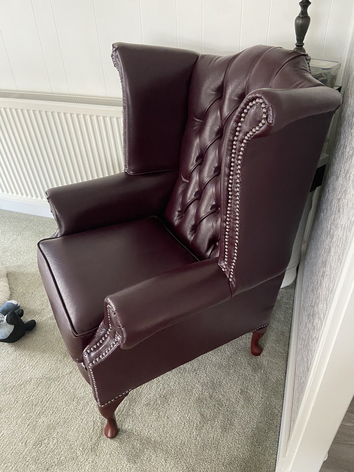 Chesterfield Queen Anne High Back Wing Chair Bonded Burgandy Red