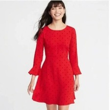 Old Navy Women's Medium Red Polka Dot Fit and Flare Flute Sleeve Crepe Dress
