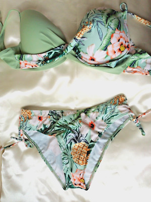 Shein Green Mix Drahtlos gepolstert Blumenmuster Bandeau Bikini-Set UK M/L