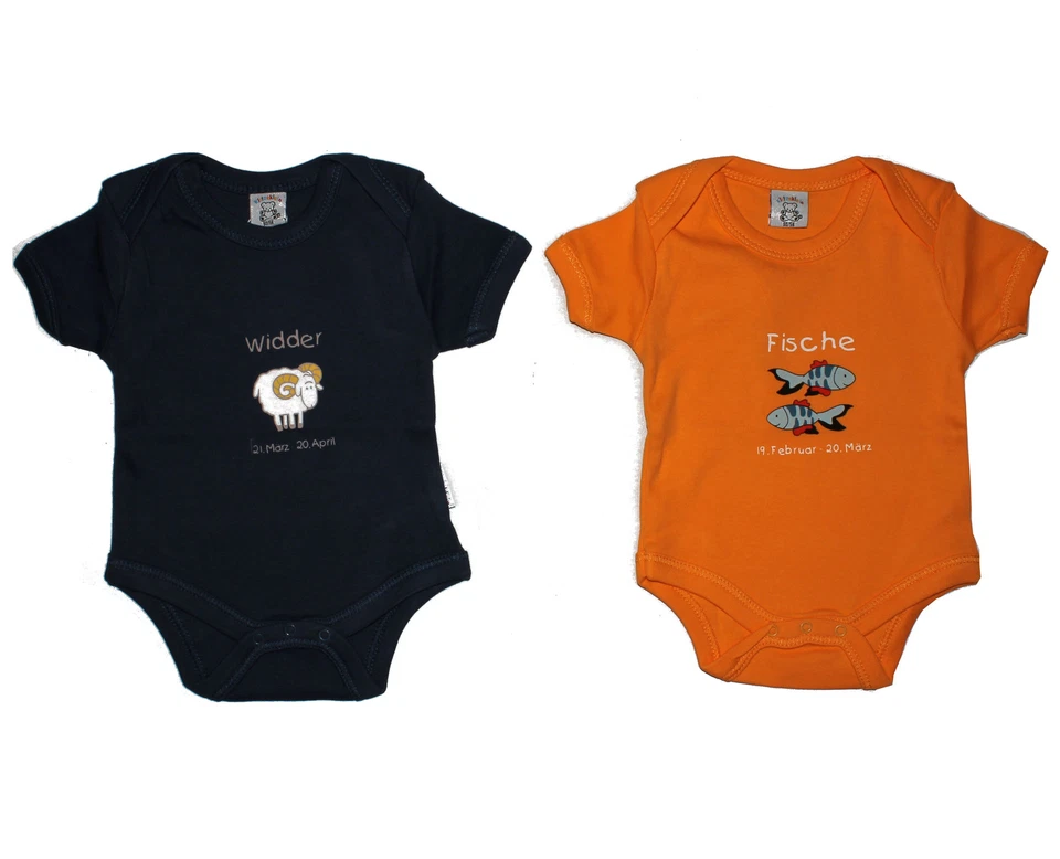 KLITZEKLEIN Babybody mit Sternzeichen Motiv blau oder orange Fische Widder Body 50/56