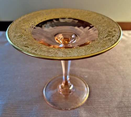 Fostoria (?)  Pink Glass Pedestal Compote w/ Gold Etched American Rim 5"