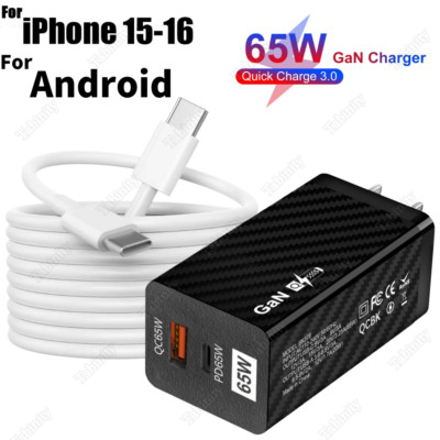 PD 65W GaN USB-C Fast Charger Type C Cable For iPhone 15 16 Pro iPad Pro Samsung