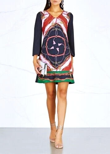 Abito Boutique Moschino Catena Stampa Equestre Blu Navy Tg US 4 6 IT 40 $1100