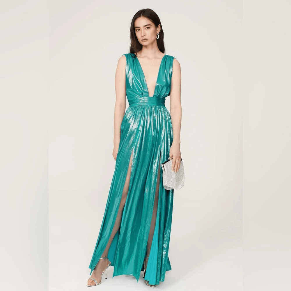 bronx and banco dress blue Romi Metallic Gown Size Medium $510 sheer sleeves Prom 2025 navy blue party dress Size:Large (10/12)