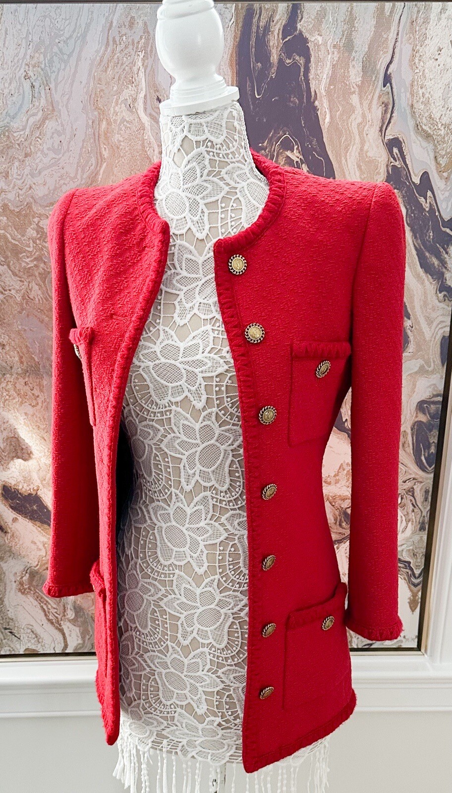 Cappotto con bottoni Saint Laurent Diamante In rilievo Tweed Dettaglio Intreccia Oro Rosso YSL