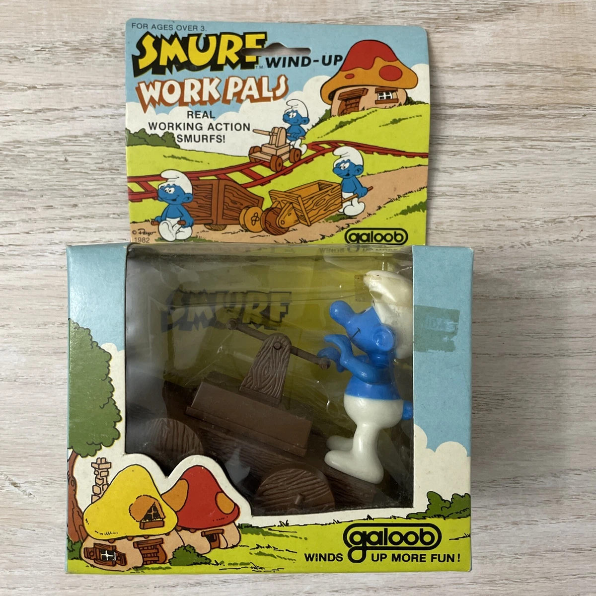 Vintage Smurf Wind Up Work Pals Toy Smurf with Railroad Hand Car 1982 Galoob