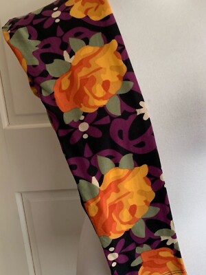 LuLaRoe Leggings OS Orange Yellow Roses Flowers Purple Black Trellis Lattice VTG