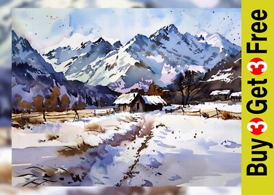 Verschneite Berghütte 5''x7'' Druck auf mattem Papier | Winter Landschaft Malerei