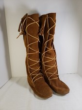 VINTAGE Women's Brown Leather Tall Fringe Moccasins Boots USA Made Size 7 As Is