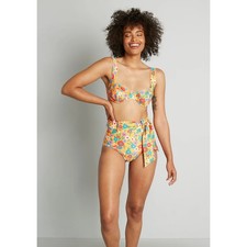MODCLOTH Retro Yellow Floral Two Piece Swimsuit High Waisted M/L Colorful Chic