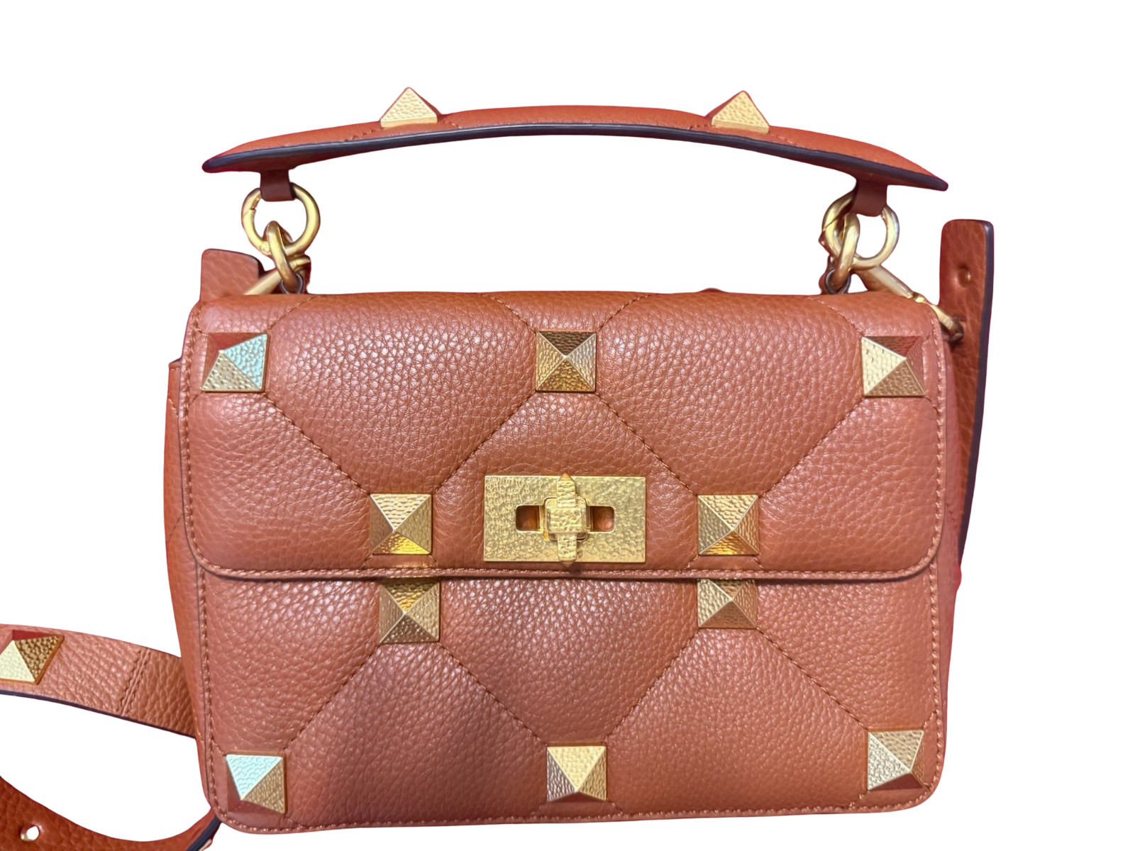 New Valentino Garavani Rockstud Spike Flap Bag Brown Leather Medium Purse