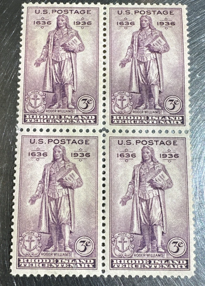 Block of 4 stamps - Scott 777 - 3 cent - Rhode Island Tercentenary - 1936 - MNH - Image 3 of 4