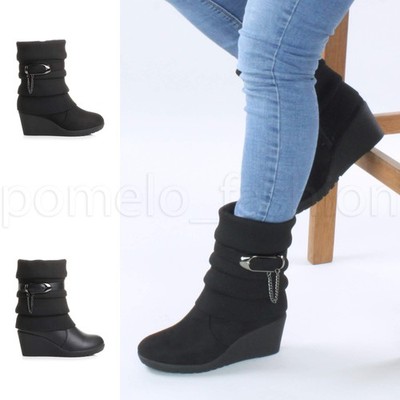 DAMEN HALBHOHER ABSATZ STRICKKRAGEN MANSCHETTE LÄSSIG KEILABSATZ STIEFELETTEN GRÖSSE