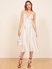 Reformation Brienne Midi Dress 100% Linen V Neck Button Black White Striped 8