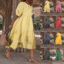 Womens Boho Plaid A-Line Midi Dress Ladies Pleated Loose Holiday Beach Sundress