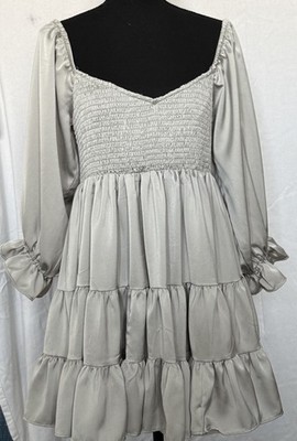 Mabel Silver Smocked Layered Off Shoulder Milkmaid  Peasant LS Dress Sz M