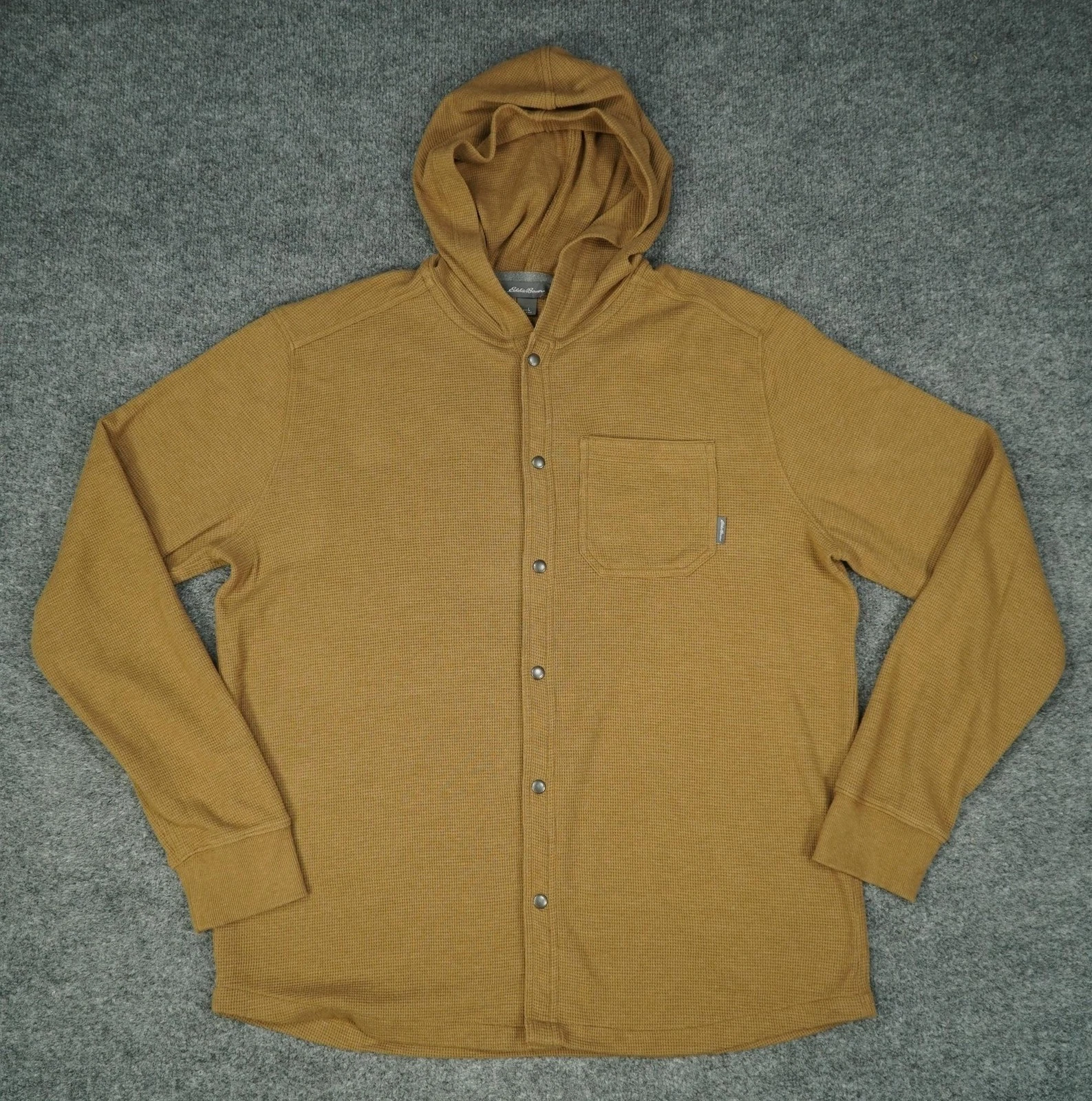 Eddie Bauer Hoodie Mens Large Brown Waffle Knit Snap Up Pocket Thermal Cardigan