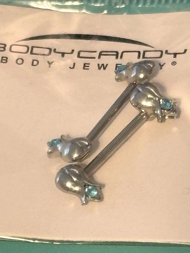 BodyCandy 14G Tulip w/ Blue Gem Stainless Steel Nipple Barbells - Sealed - Image 3 of 4