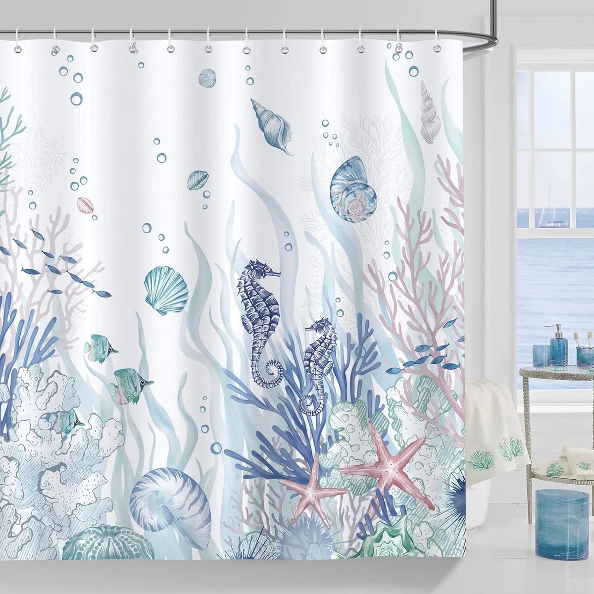 Ambesonne Anchor Shower Curtain, Marine Sailor Nautical Motif and Timeworn Wooden Planks in Cold Nature Tones, Cloth Fabric Bathroom Decor Set with Hooks, 69 W x 70 L, Green Blue