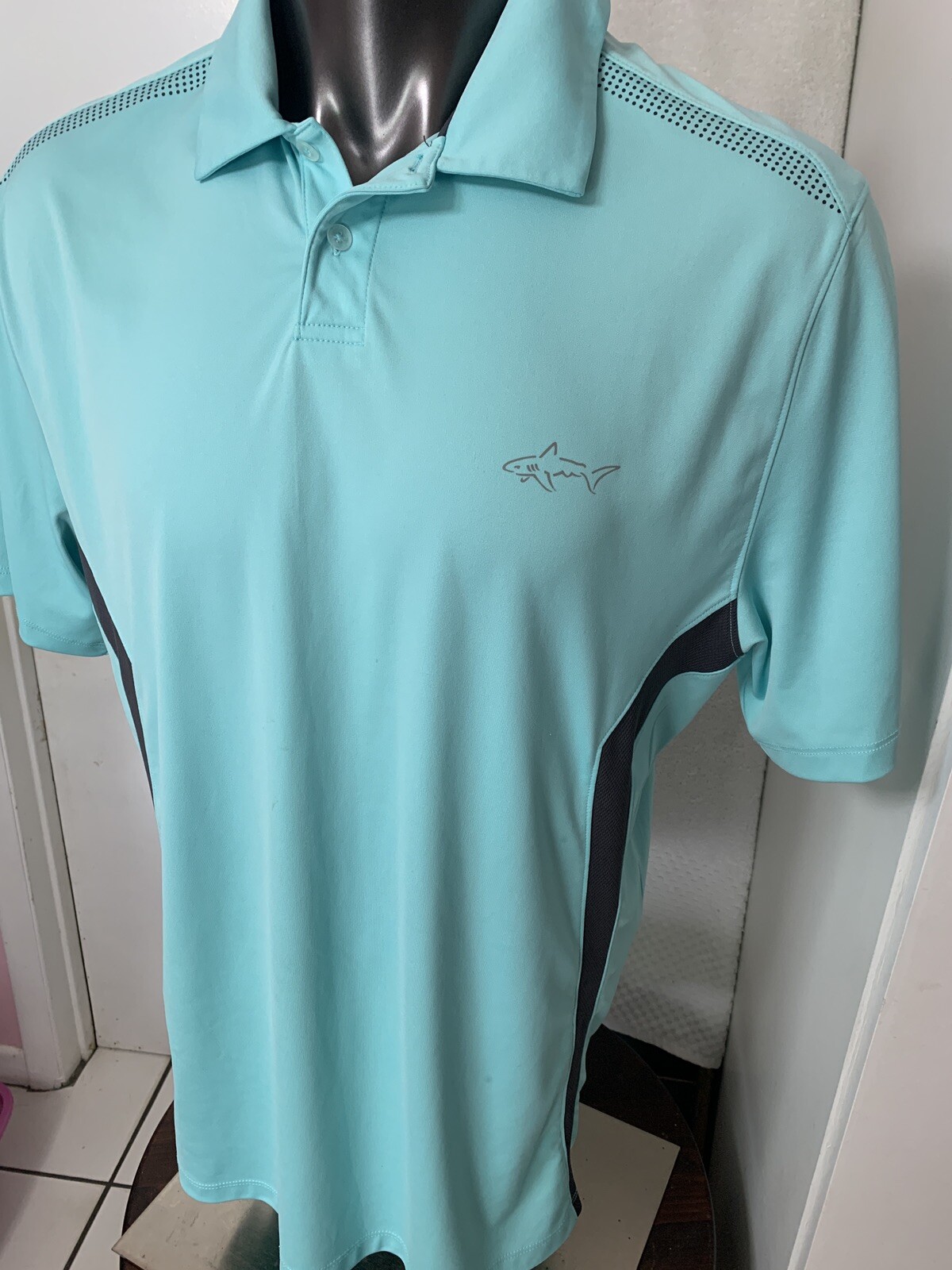 GREG NORMAN XL Golf Polo Shirt Shark Logo Aqua & Blac… Gem