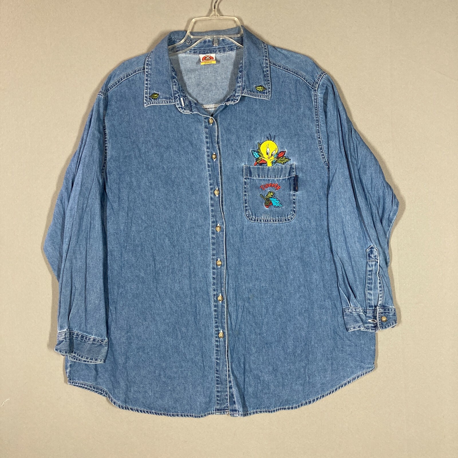 Vintage Y2K Looney Tunes Tweety Bird Embroidered Womens Denim Button Up