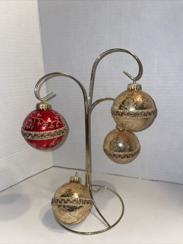 Christmas By Krebs VTG Set of 4 Glass Ornaments Gold Fancy Ribbon1 Red - Picture 2 of 12