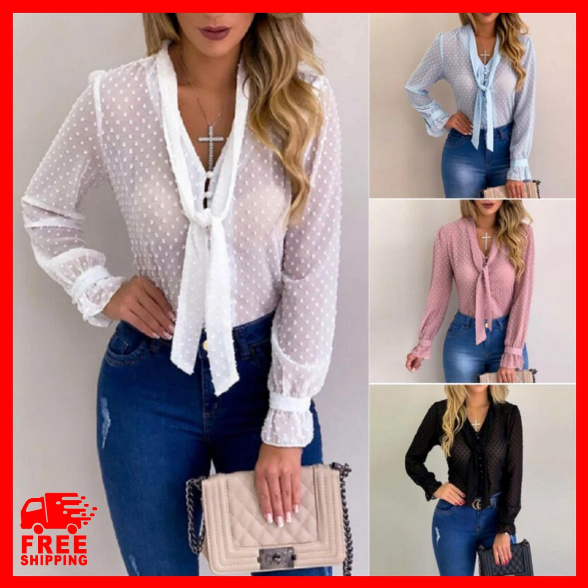 Blusas De Gasa Para Mujeres Moda Elegante Manga Larga Cuello V Camisa De  Oficina