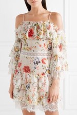 Alice + Olivia Santos Cold Shoulder Lace Trimmed Floral Silk Dres Size 2 NEW