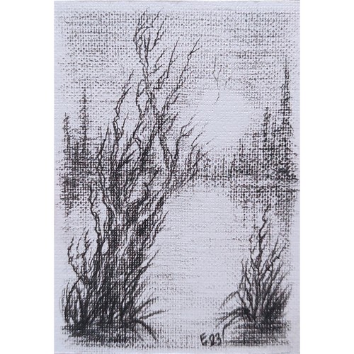 ACEO Original Pencil Painting Painting Landscape Lake Minimalist Style Handmade