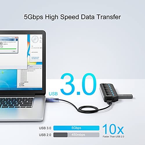 7-Port USB 3.0 Hub with Individual LED On/Off Switches for Multiple Devices