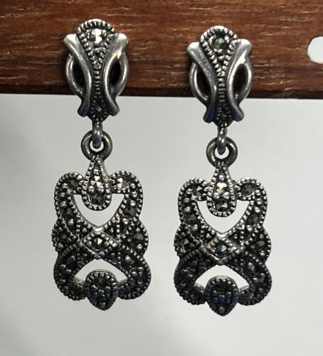 Orecchini pendenti vintage argento sterling - ART DECO REVIVAL marcasite SS244 - Foto 2 di 6