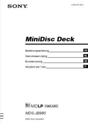 SONY MDS-JB980 MDS JB 980 - MINIDISC - BRUKSANVISNING - SVENSKA - SE