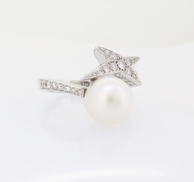 .Auth Maubousin Cultured Pearl & Diamond Set 18k White Gold Ring L Val $6080
