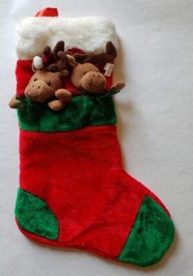 Two Reindeer Wearing Santa Hats in Christmas Stocking Plush Red Multi-Color