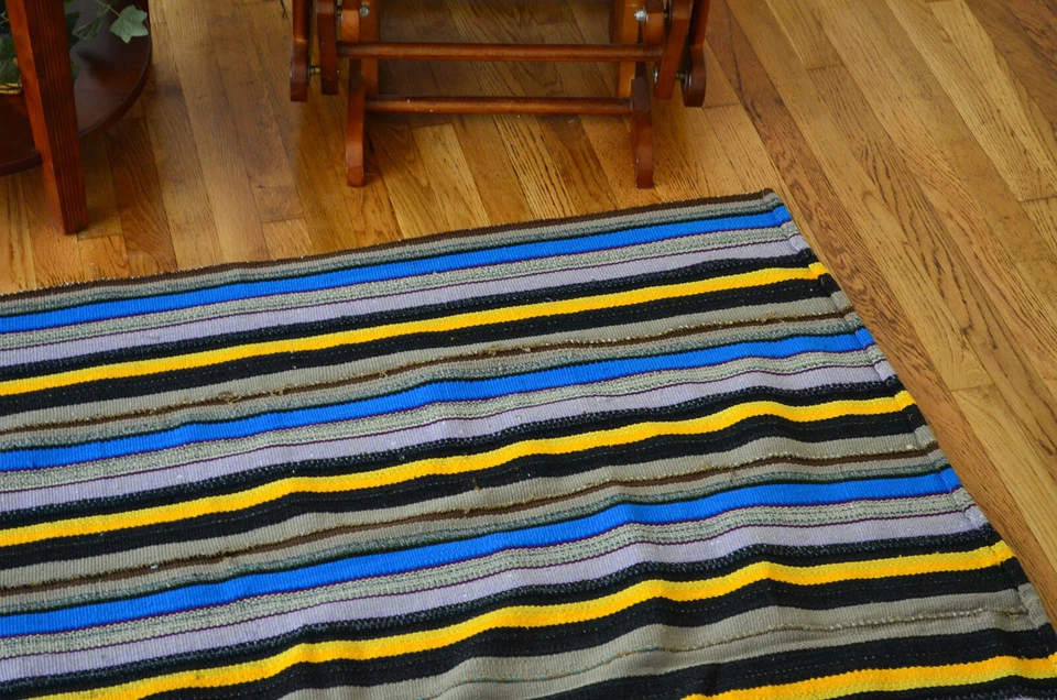 Alfombra oriental de lana anudada a mano a rayas Kilim plana tradicional de colección 5x5 Foto 4 de 4