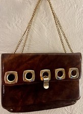 Vintage Brown Leather Hand Bag Purse w/ Gold Straps