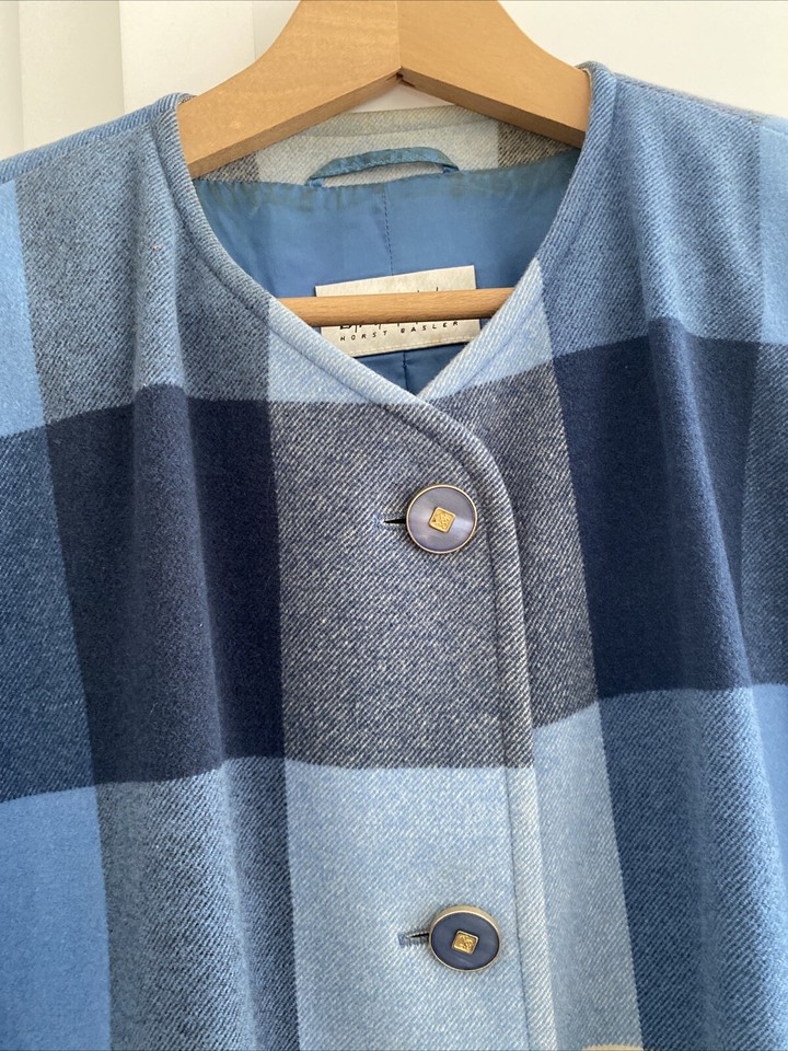 BASLER 1980s Vintage Blue Check Jacket Check Wool Uk 12 metal buttons