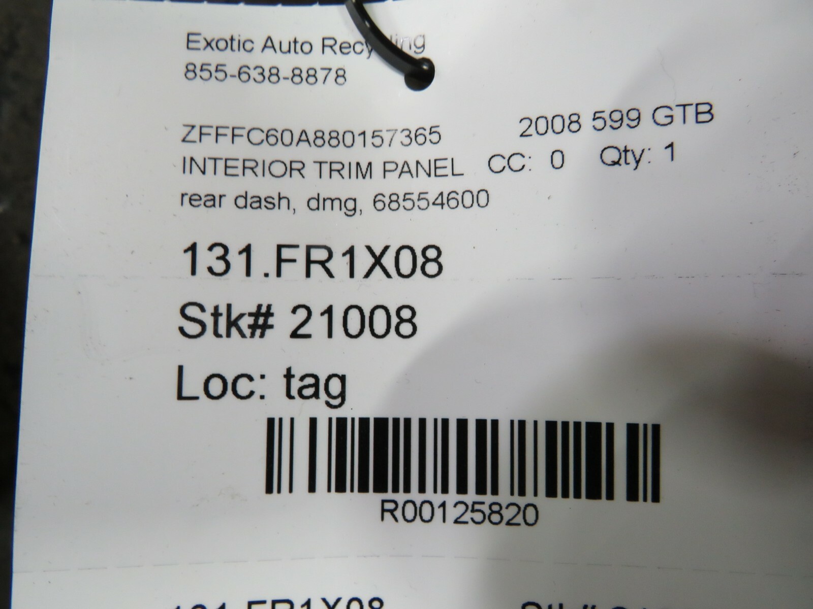 Ferrari 599 GTB, RH, Right, Rear Dash Trim Panel, Used, Dmg, P/N 68554600