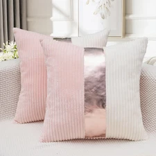 Pink and Cream White Boho Striped Corduroy Throw Pillow Covers with Gold Leat...
