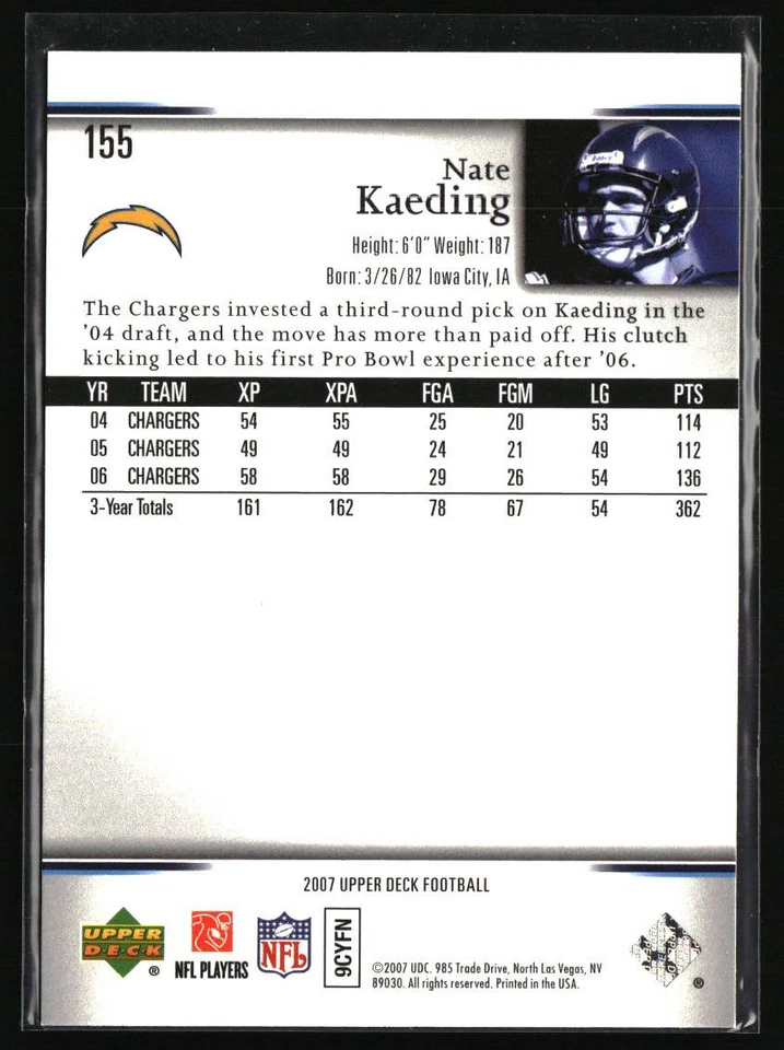 2007 Upper Deck #155 Nate Kaeding - Image 2 of 2