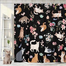 Funny Cat Shower Curtain Black Cute Floral Plant Waterproof 12 Hooks 70x70 Inch