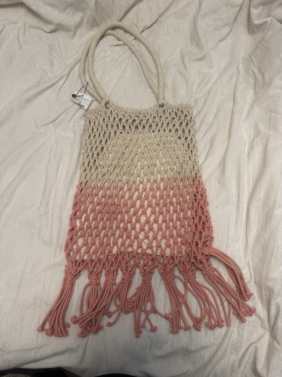 Beige and Pink Striped Beach Tote Bag with Zipper