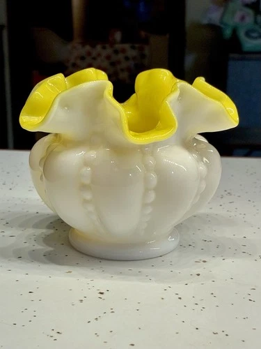 Fenton Milk Glass Overlay Melon Rose Yellow White ruffled vintage Vase 1940’s