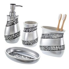 Bathroom Accessories Set, 4-Piece Silver Mosaic Glass Luxury Bathroom Gift