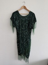 Beaded Embroidered Fringed Flapper Dress Size S Green Sequins